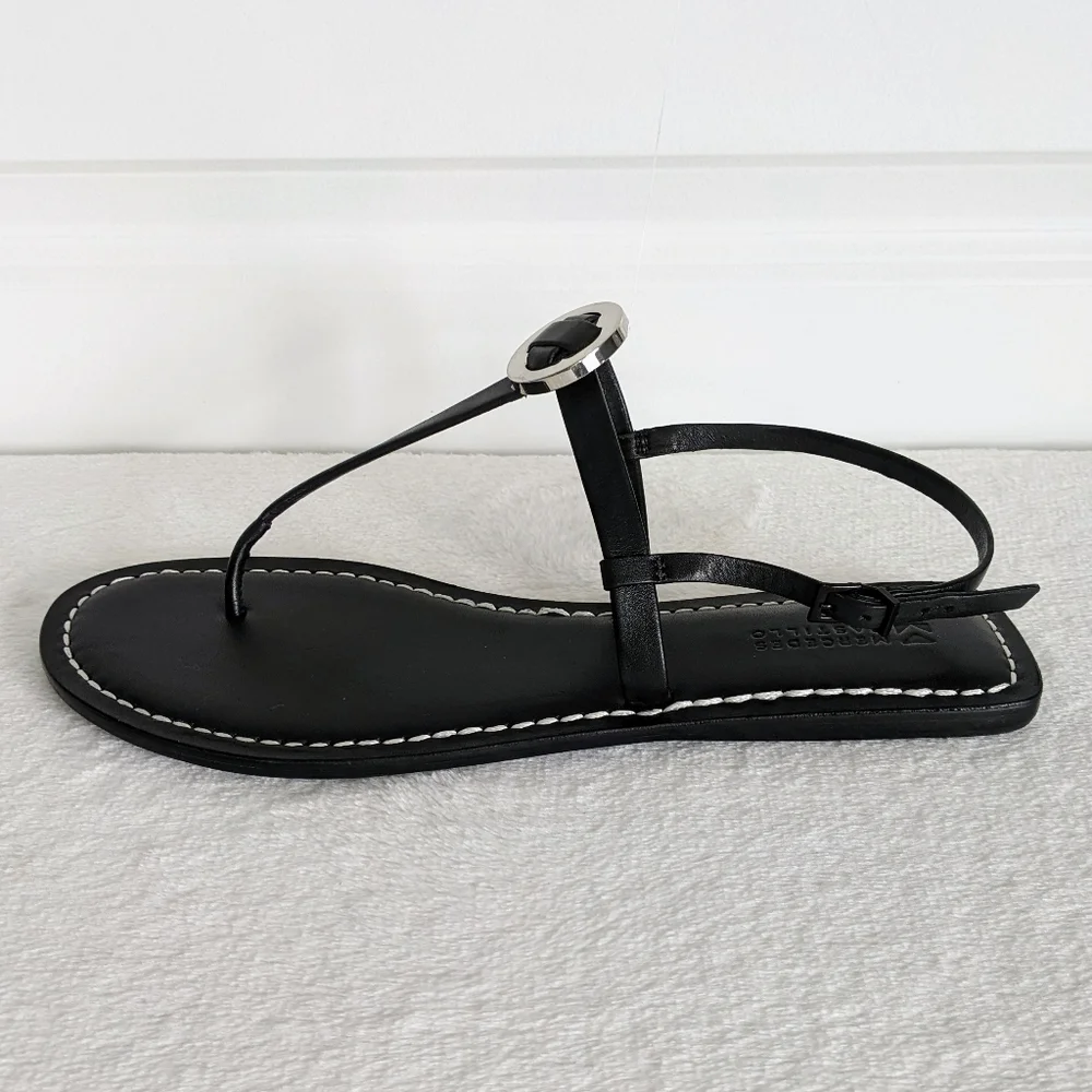 Mercedes Castillo Leather T-Strap Thong Sandal Flat Black Silver EU40 10 NWOB - Picture 4 of 15
